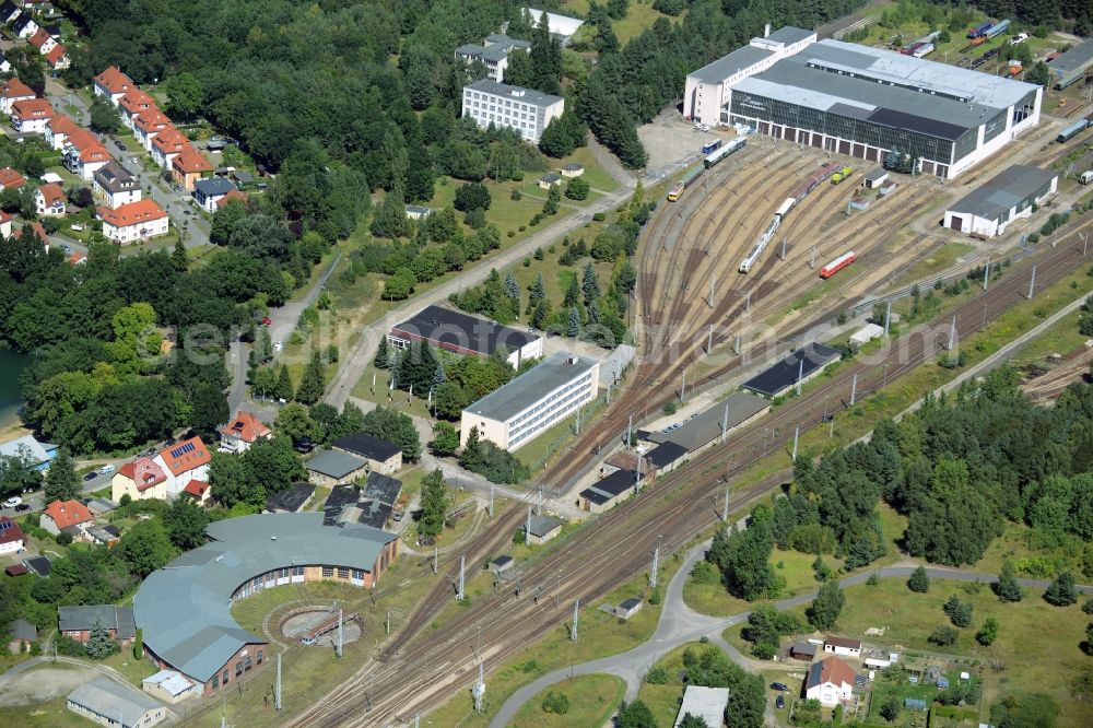 Neustrelitz from the bird's eye view: Netinera works on the main station of Neustrelitz in the state of Mecklenburg - Western Pomerania. The buildings and railway tracks of the outbuildings are located in the North of the actual train station and belong to the Italian railway company Netinera