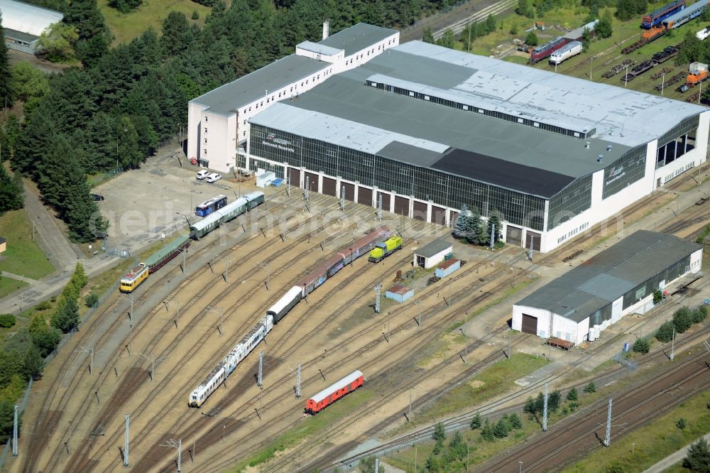 Aerial image Neustrelitz - Netinera works on the main station of Neustrelitz in the state of Mecklenburg - Western Pomerania. The buildings and railway tracks of the outbuildings are located in the North of the actual train station and belong to the Italian railway company Netinera