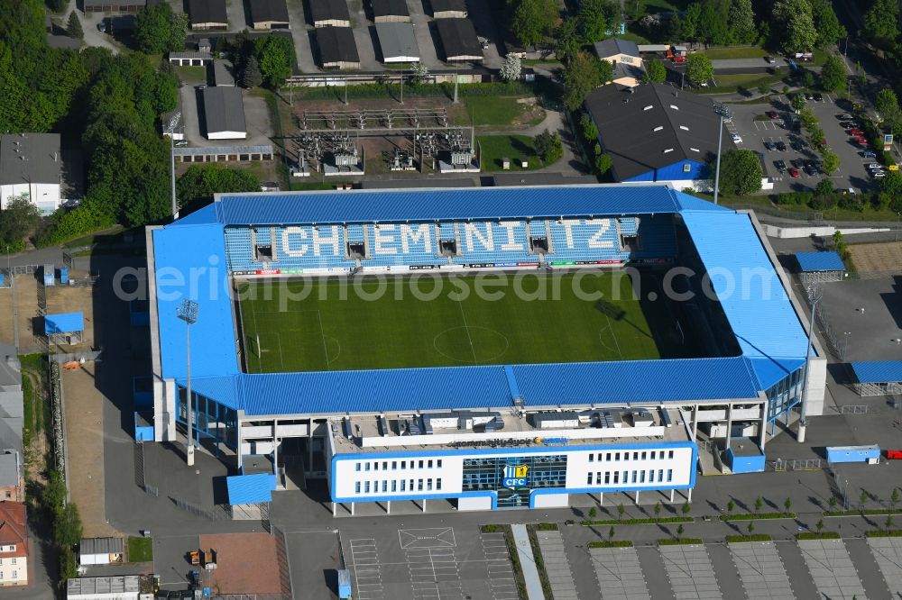Chemnitz from the bird's eye view: New building of the football stadium community4you ARENA of FC Chemnitz in Saxony