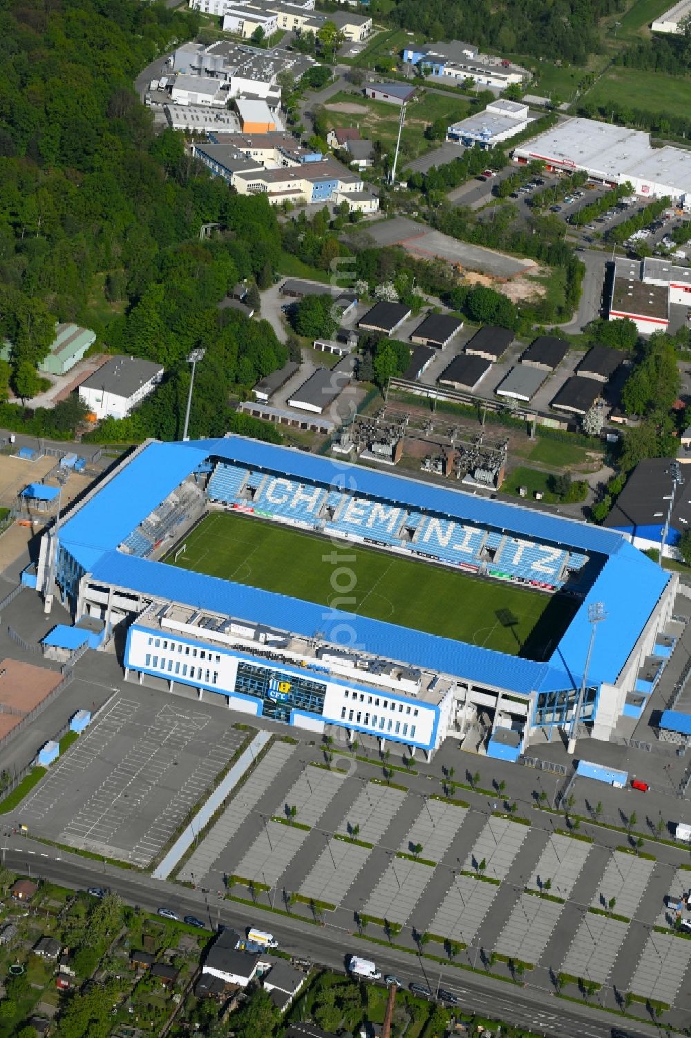 Aerial photograph Chemnitz - New building of the football stadium community4you ARENA of FC Chemnitz in Saxony