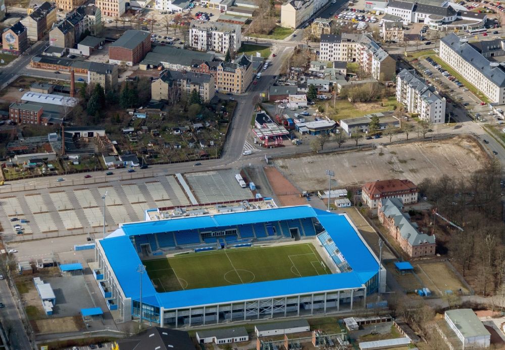 Chemnitz from above - New building of the football stadium community4you ARENA of FC Chemnitz in Saxony