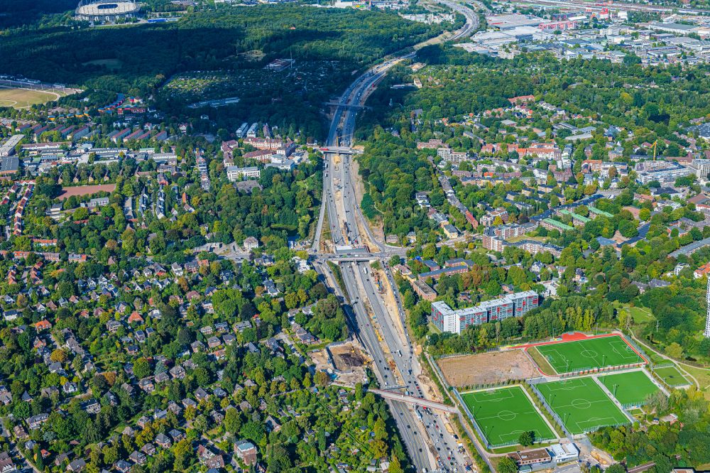 Aerial image Hamburg - Construction site for the new route in the course of the motorway tunnel construction of the BAB A7 Hamburger Deckel or here Bahrenfelder Deckel in the district of Bahrenfeld in Hamburg, Germany