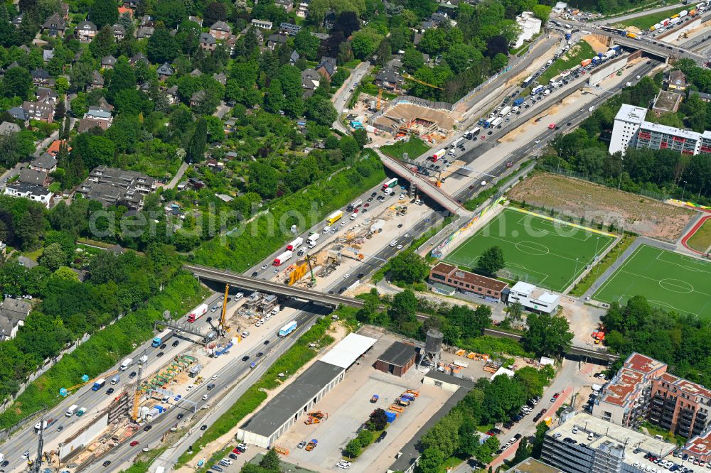 Aerial image Hamburg - Construction site for the new route in the course of the motorway tunnel construction of the BAB A7 Hamburger Deckel or here Bahrenfelder Deckel in the district of Bahrenfeld in Hamburg, Germany