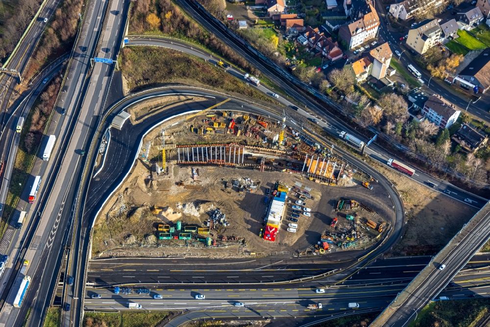 Herne from above - Aerial view of the motorway junction Herne with construction site for the new routing in the course of the motorway tunnel construction at the junction Herne of the BAB 42 - 43 Tunnel Baukau in Herne in the federal state North Rhine-Westphalia, Germany.
