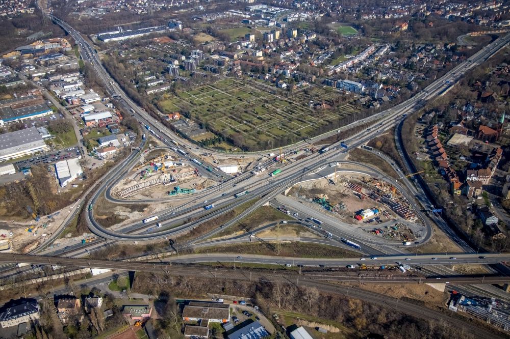 Herne from the bird's eye view: Aerial view of the motorway junction Herne with construction site for the new routing in the course of the motorway tunnel construction at the junction Herne of the BAB 42 - 43 Tunnel Baukau in Herne in the federal state North Rhine-Westphalia, Germany.