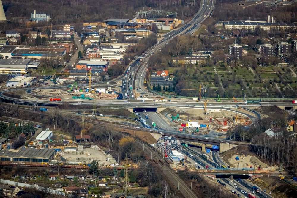 Herne from above - Aerial view of the motorway junction Herne with construction site for the new routing in the course of the motorway tunnel construction at the junction Herne of the BAB 42 - 43 Tunnel Baukau in Herne in the federal state North Rhine-Westphalia, Germany.