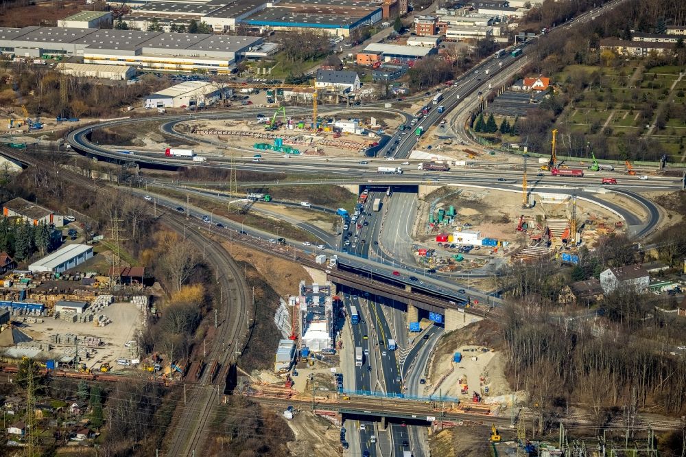 Aerial image Herne - Aerial view of the motorway junction Herne with construction site for the new routing in the course of the motorway tunnel construction at the junction Herne of the BAB 42 - 43 Tunnel Baukau in Herne in the federal state North Rhine-Westphalia, Germany.
