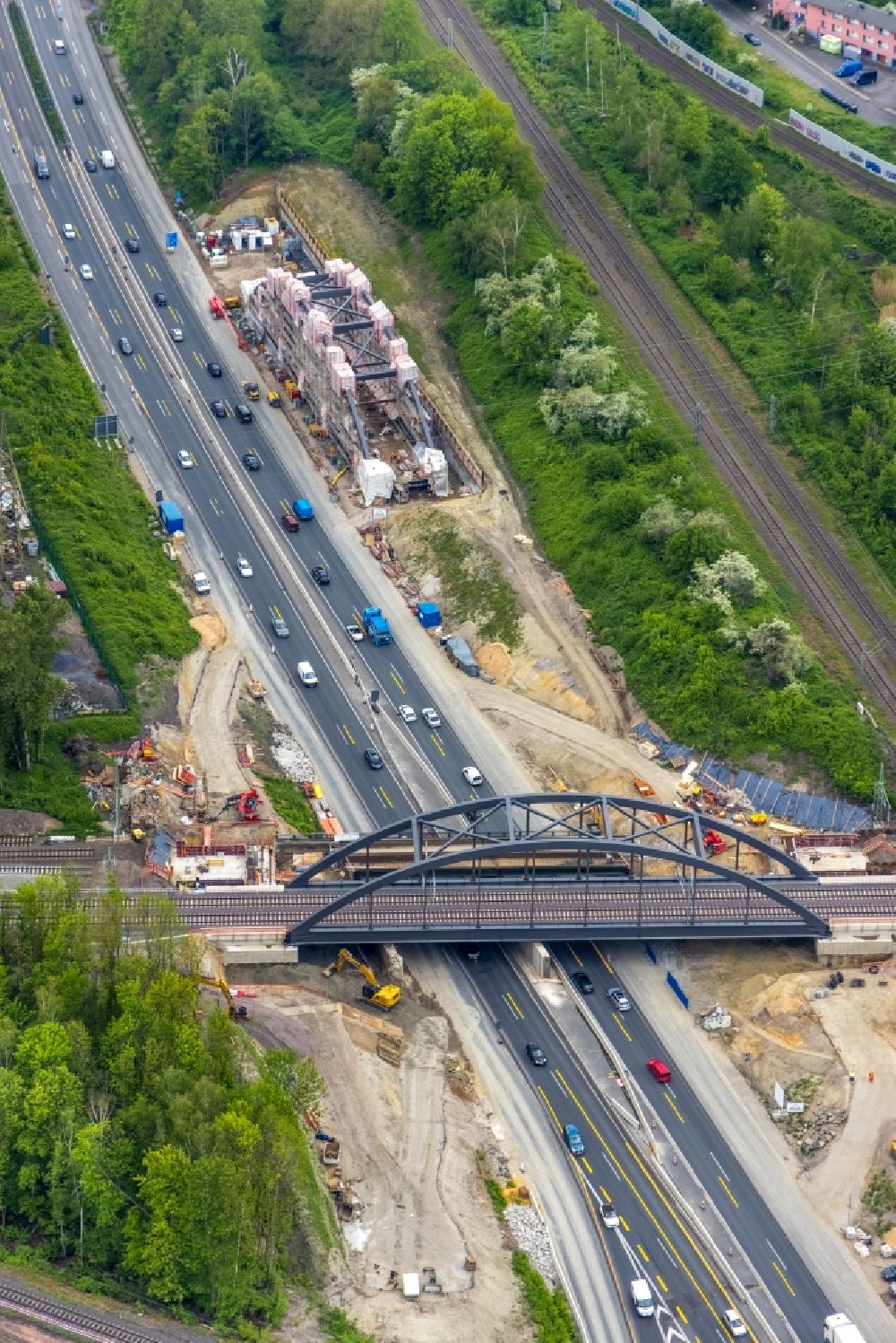 Aerial photograph Herne - Motorway junction Herne with construction site for the new routing in the course of the motorway tunnel construction at the junction Herne of the BAB 42 - 43 Tunnel Baukau in Herne in the federal state North Rhine-Westphalia, Germany
