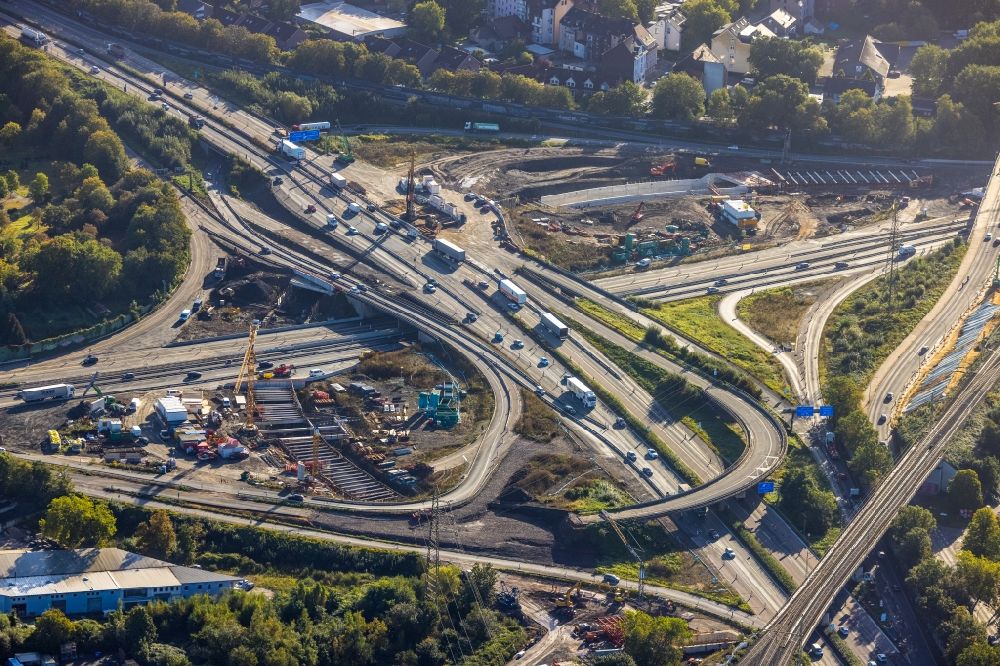 Aerial photograph Herne - Aerial view of the motorway junction Herne with construction site for the new routing in the course of the motorway tunnel construction at the junction Herne of the BAB 42 - 43 Tunnel Baukau in Herne in the federal state North Rhine-Westphalia, Germany.