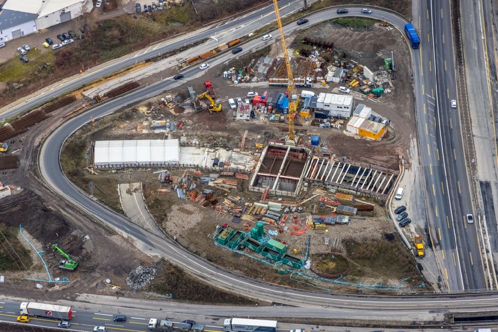 Aerial photograph Herne - Construction site for the new construction of the route in the course of the motorway tunnel construction at the Herne motorway junction of the BAB 42 - 43 Tunnel Baukau in Herne in the state North Rhine-Westphalia, Germany