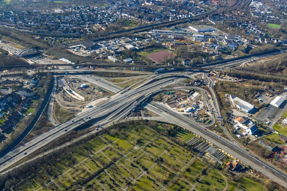 Aerial image Herne - Construction site for the new construction of the route in the course of the motorway tunnel construction at the Herne motorway junction of the BAB 42 - 43 Tunnel Baukau in Herne in the state North Rhine-Westphalia, Germany