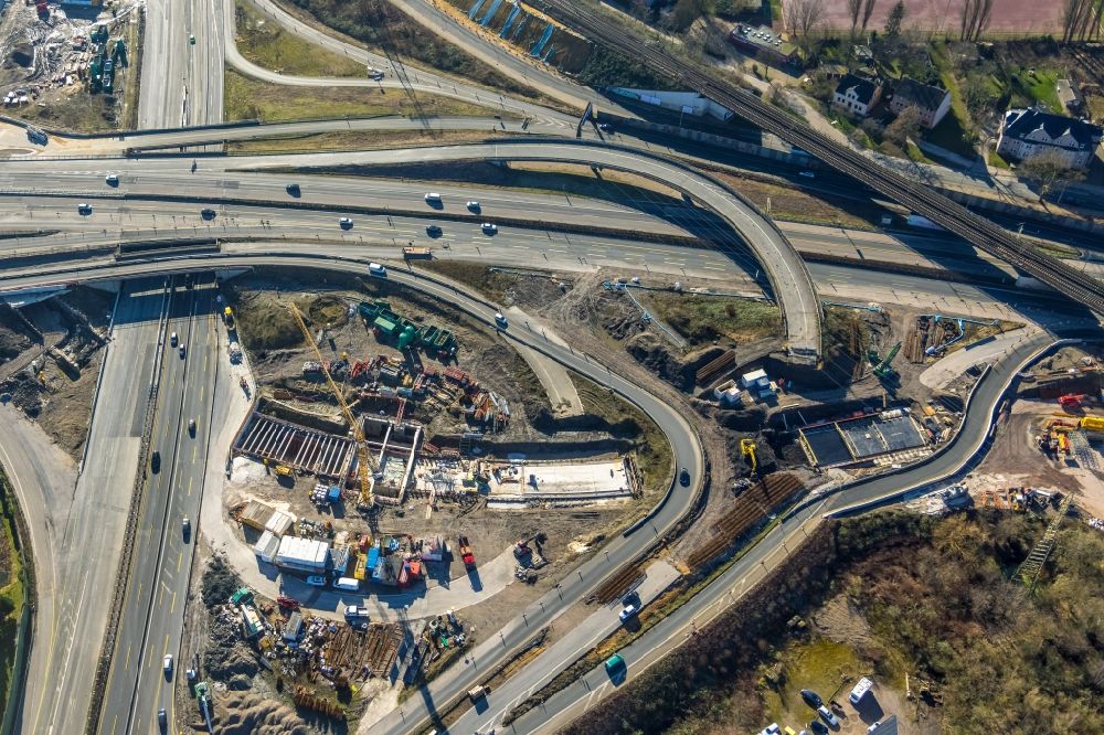 Herne from the bird's eye view: Construction site for the new construction of the route in the course of the motorway tunnel construction at the Herne motorway junction of the BAB 42 - 43 Tunnel Baukau in Herne in the state North Rhine-Westphalia, Germany