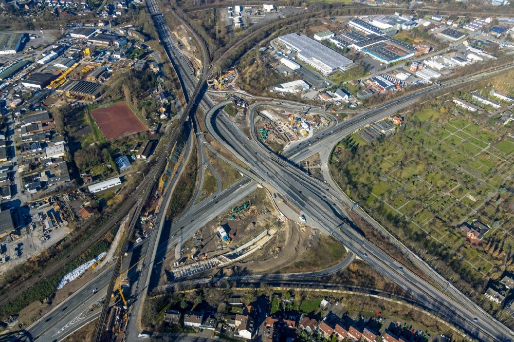 Aerial image Herne - Construction site for the new construction of the route in the course of the motorway tunnel construction at the Herne motorway junction of the BAB 42 - 43 Tunnel Baukau in Herne in the state North Rhine-Westphalia, Germany