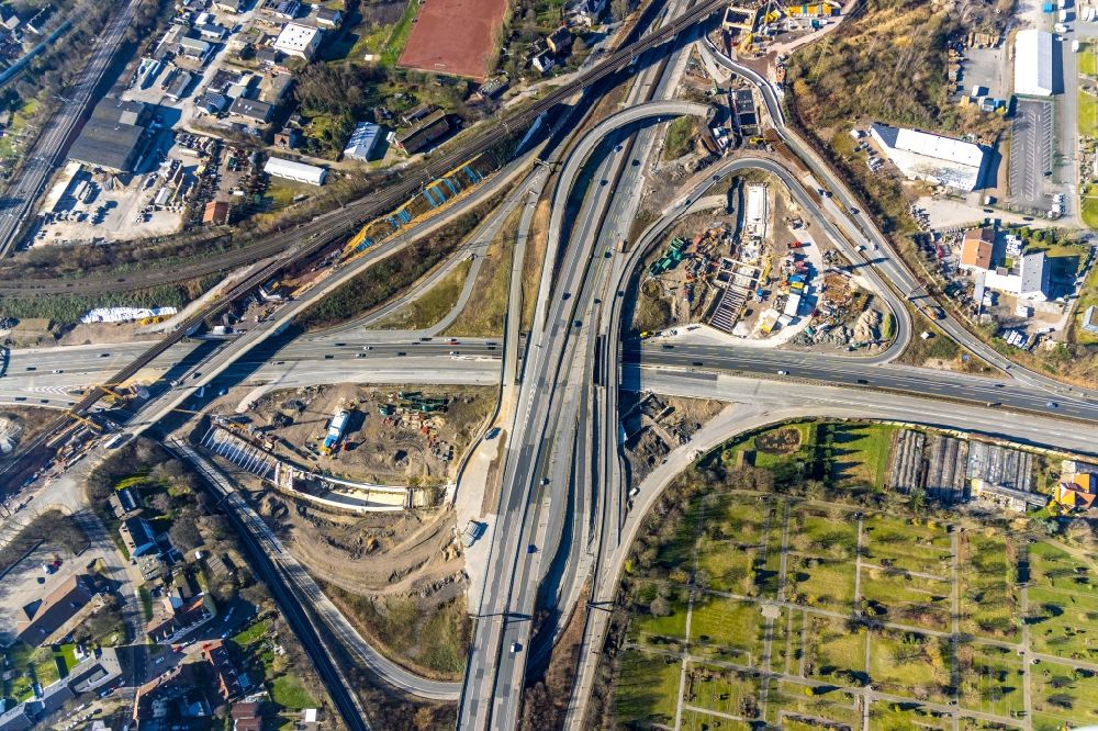 Aerial photograph Herne - Construction site for the new construction of the route in the course of the motorway tunnel construction at the Herne motorway junction of the BAB 42 - 43 Tunnel Baukau in Herne in the state North Rhine-Westphalia, Germany