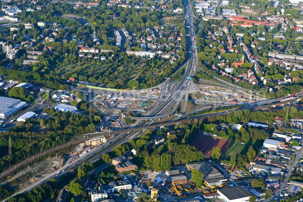 Aerial image Herne - Construction site for the new construction of the route in the course of the motorway tunnel construction at the Herne motorway junction of the BAB 42 - 43 Tunnel Baukau in Herne at Ruhrgebiet in the state North Rhine-Westphalia, Germany