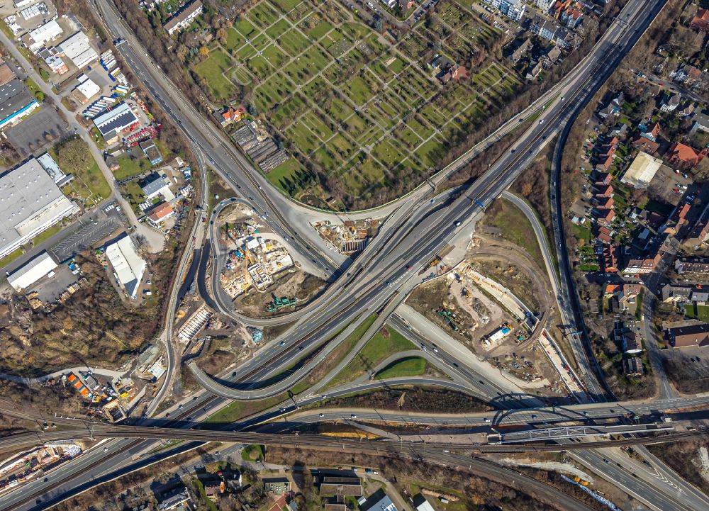 Herne from above - Motorway junction Herne with construction site for the new routing in the course of the motorway tunnel construction at the junction Herne of the BAB 42 - 43 Tunnel Baukau in Herne in the federal state North Rhine-Westphalia, Germany.