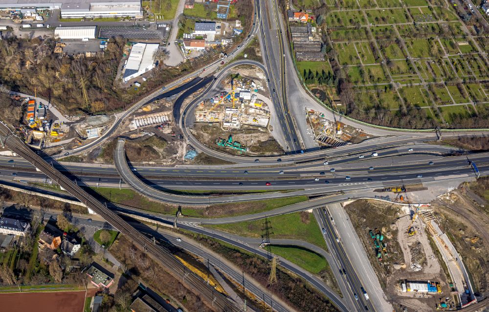 Aerial image Herne - Motorway junction Herne with construction site for the new routing in the course of the motorway tunnel construction at the junction Herne of the BAB 42 - 43 Tunnel Baukau in Herne in the federal state North Rhine-Westphalia, Germany.