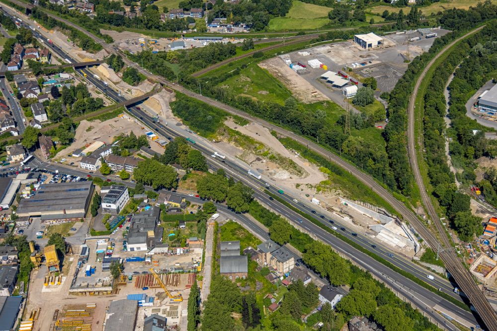Aerial image Herne - Motorway junction Herne with construction site for the new routing in the course of the motorway tunnel construction at the junction Herne of the BAB 42 - 43 Tunnel Baukau in Herne in the federal state North Rhine-Westphalia, Germany.