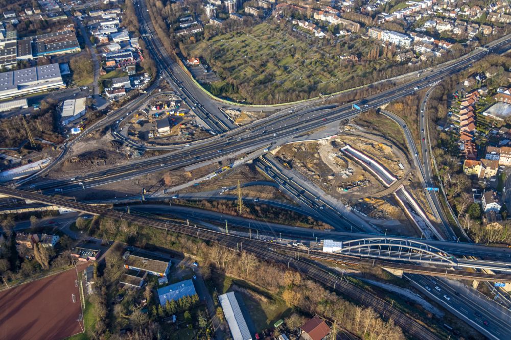 Aerial image Herne - Aerial view of the motorway junction Herne with construction site for the new routing in the course of the motorway tunnel construction at the junction Herne of the BAB 42 - 43 Tunnel Baukau in Herne in the federal state North Rhine-Westphalia, Germany.