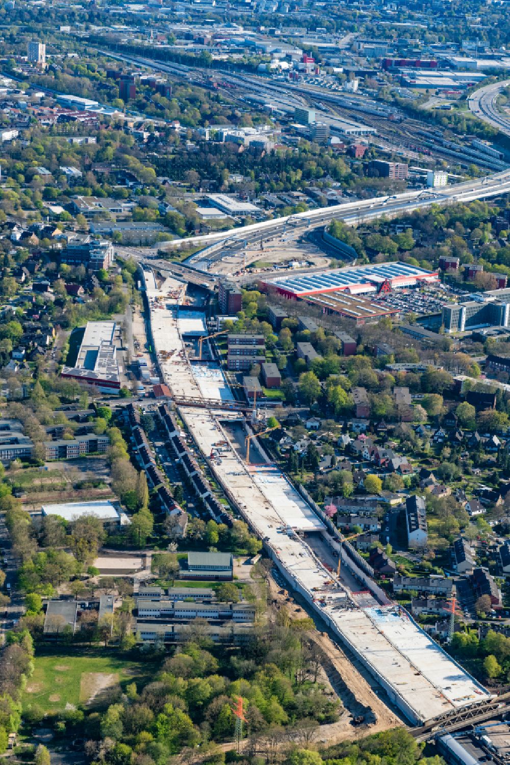 Hamburg from above - New construction of the route in the course of the motorway tunnel construction of the BAB A 7 Hamburger Deckel bzw. Stellinger Deckel in the district Stellingen in Hamburg, Germany