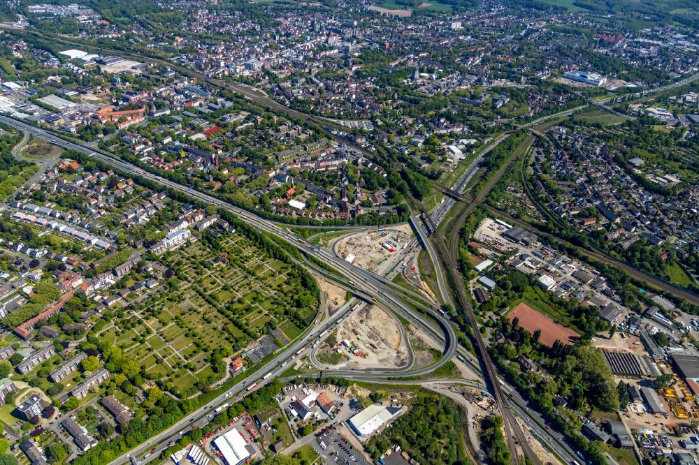 Herne from above - Construction site for the new construction of the route in the course of the motorway tunnel at Kreuz Herne on the BAB 42 - 43 Tunnel Baukau in Herne in the state North Rhine-Westphalia, Germany
