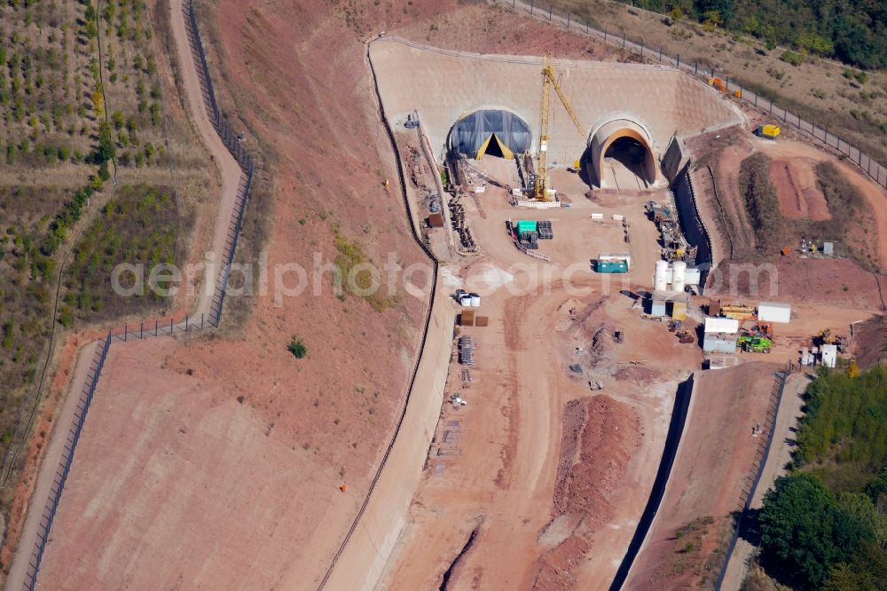 Wehretal from above - New construction of the route in the course of the motorway tunnel construction of the BAB A 44 in Wehretal in the state Hesse, Germany