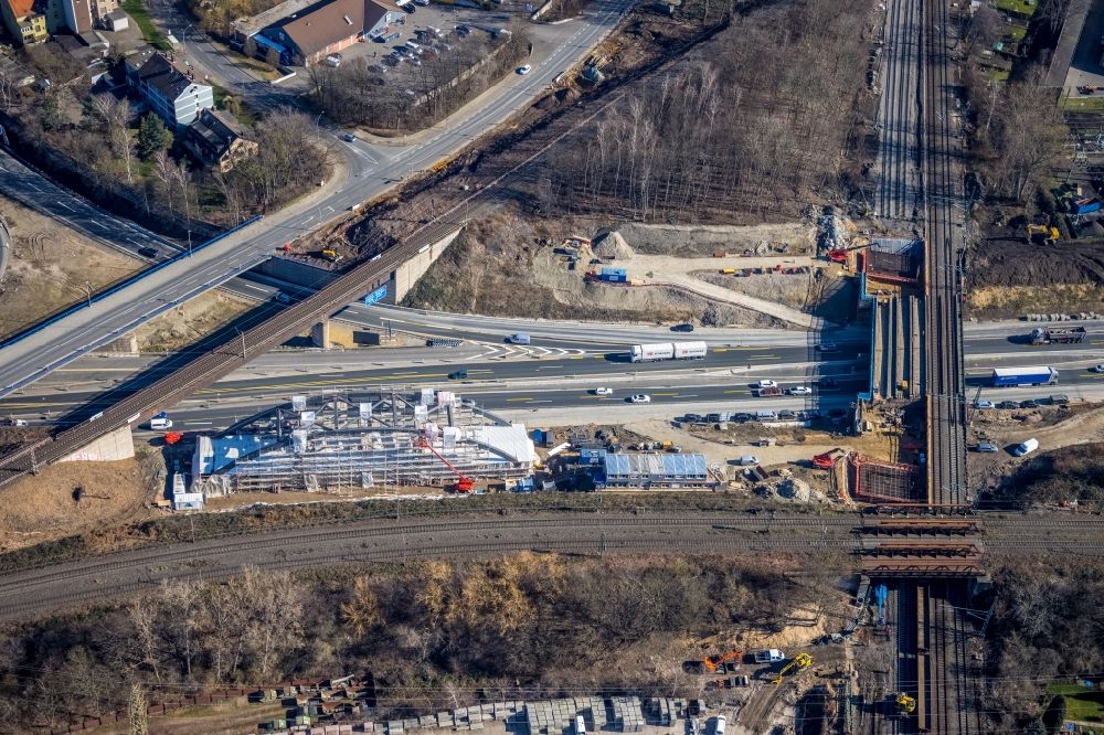 Aerial photograph Herne - New construction of the railway bridge on motorway junction Herne of the BAB A43 - A42 in the district Wanne-Eickel in Herne at Ruhrgebiet in the state North Rhine-Westphalia, Germany