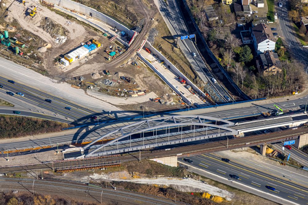 Aerial image Herne - New construction of the railway bridge on motorway junction Herne of the BAB A43 - A42 in the district Wanne-Eickel in Herne at Ruhrgebiet in the state North Rhine-Westphalia, Germany
