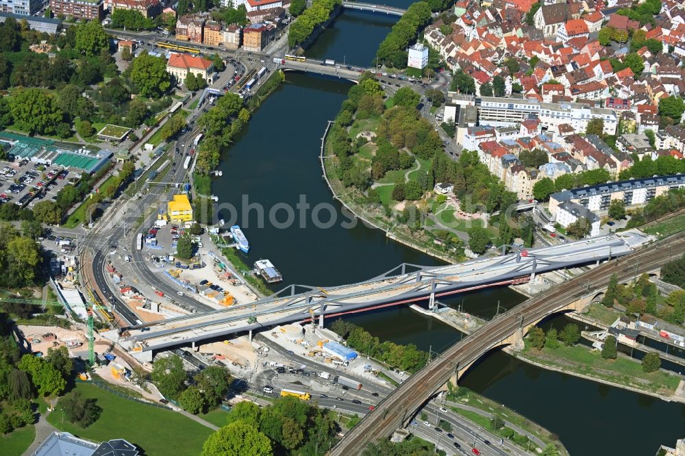Aerial image Stuttgart - New construction of the railway bridge ueber den Neckar in the district Bad Cannstatt in Stuttgart in the state Baden-Wurttemberg, Germany