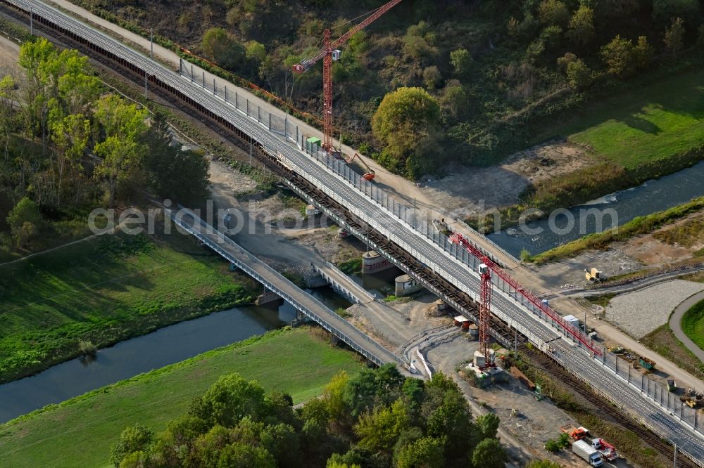 Leipzig from the bird's eye view: New construction of the railway bridge over the river Neue Luppe along the Heuweg in Leipzig in the state Saxony, Germany