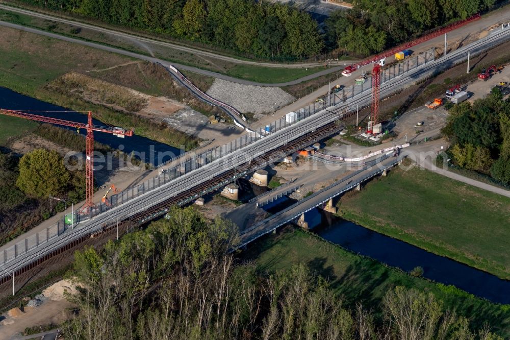 Leipzig from above - New construction of the railway bridge over the river Neue Luppe along the Heuweg in Leipzig in the state Saxony, Germany