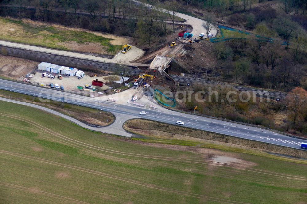 Aerial image Neu-Eichenberg - New construction of the railway bridge in Neu-Eichenberg in the state Hesse, Germany