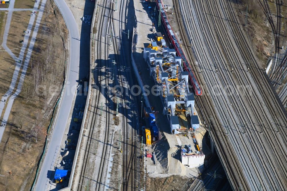 München from above - New construction of the railway bridge tied arch bridge for routing the railway tracks between Laim and Hirschgarten in Munich in the state Bavaria, Germany