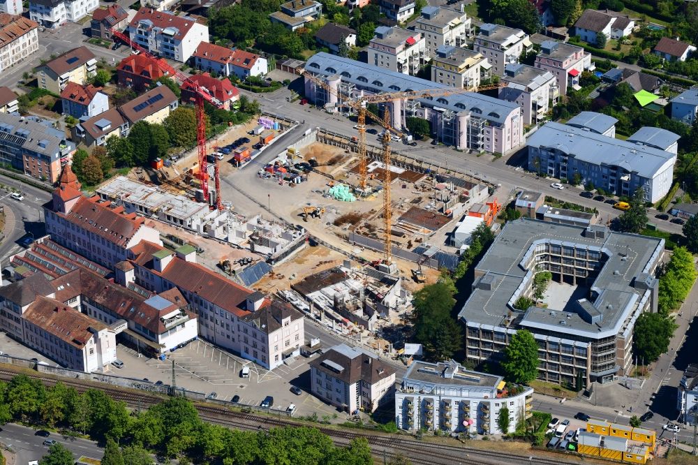 Aerial image Lörrach - New construction site of the administrative building of the state authority of the district office on the site Weberei Conrad on Brombacher Strasse - Bergstrasse in Loerrach in the state Baden-Wuerttemberg, Germany