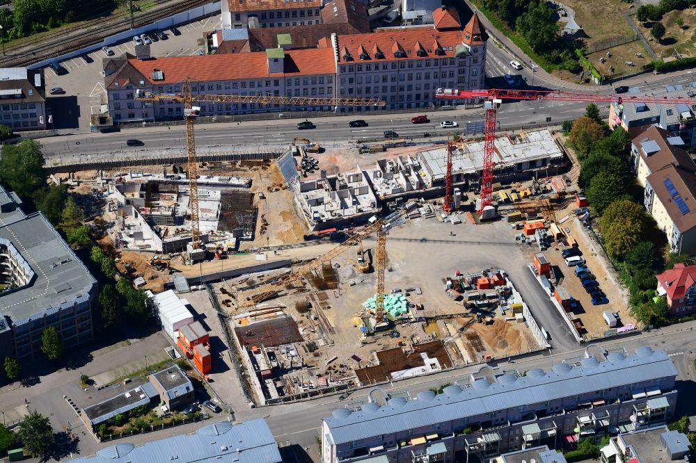 Lörrach from above - New construction site of the administrative building of the state authority of the district office on the site Weberei Conrad on Brombacher Strasse - Bergstrasse in Loerrach in the state Baden-Wuerttemberg, Germany
