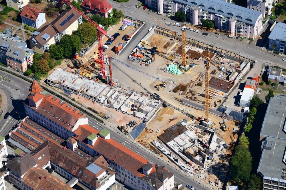 Aerial photograph Lörrach - New construction site of the administrative building of the state authority of the district office on the site Weberei Conrad on Brombacher Strasse - Bergstrasse in Loerrach in the state Baden-Wuerttemberg, Germany