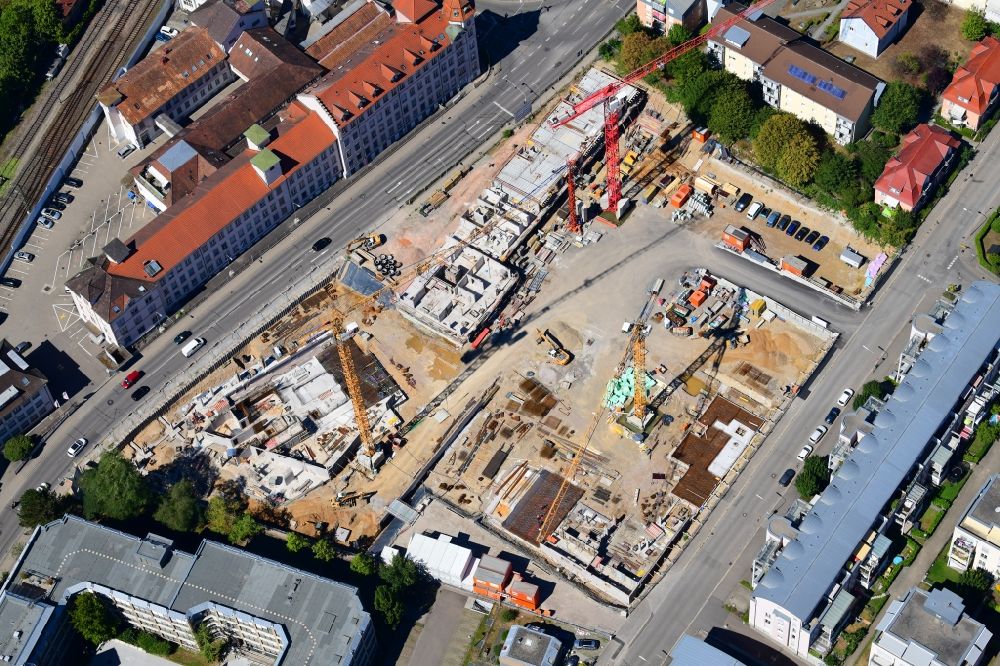 Lörrach from above - New construction site of the administrative building of the state authority of the district office on the site Weberei Conrad on Brombacher Strasse - Bergstrasse in Loerrach in the state Baden-Wuerttemberg, Germany