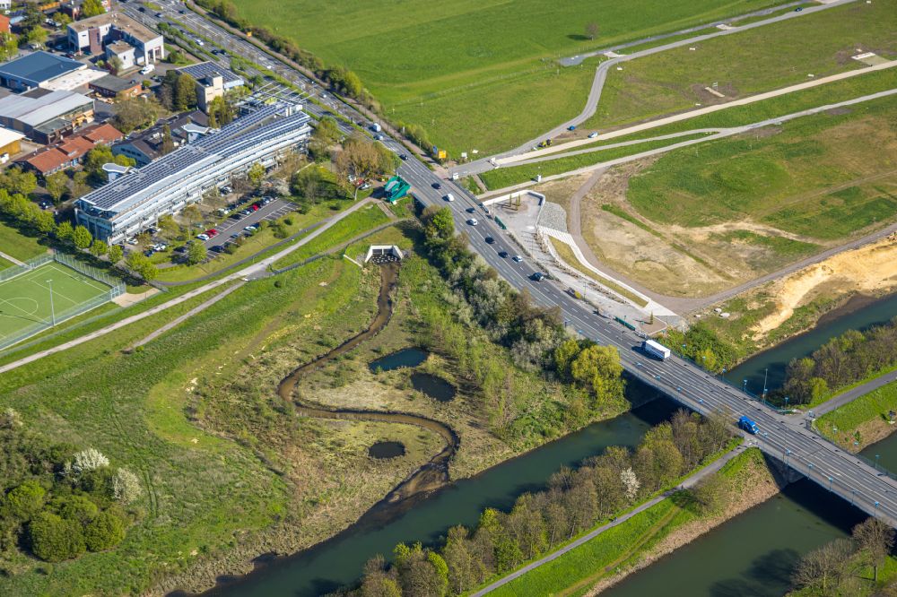 Aerial image Hamm - Construction site for the laying of a flood protection dam on the Lippe on Jupp-Eickhoff-Weg on street An der Schleuse in the district Heessen in Hamm in the Ruhr area in the state North Rhine-Westphalia, Germany