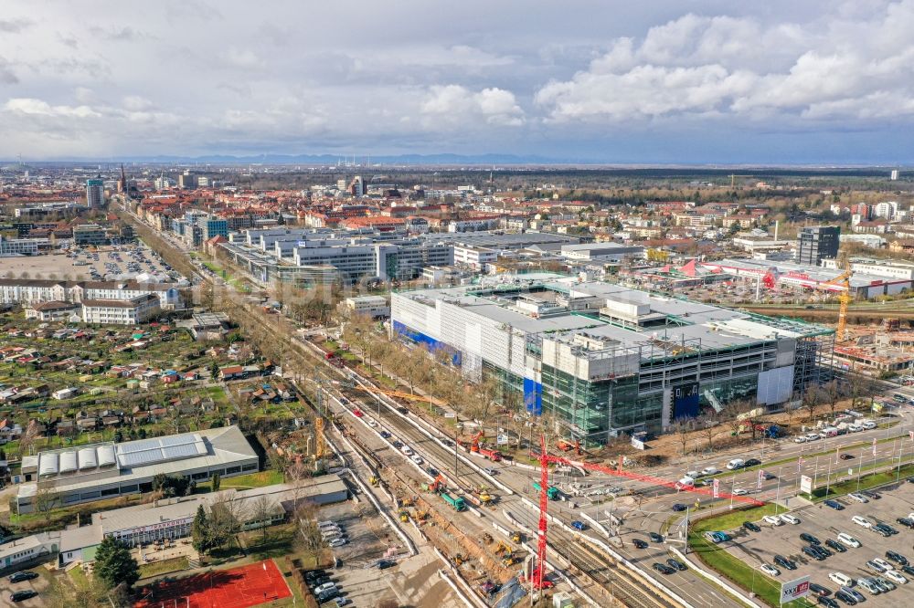 Aerial photograph Karlsruhe - Construction site for the new building of the furniture store - furniture market on Weinweg - Gerwingstrasse - Ostring in the district Oststadt in Karlsruhe in the state Baden-Wurttemberg, Germany