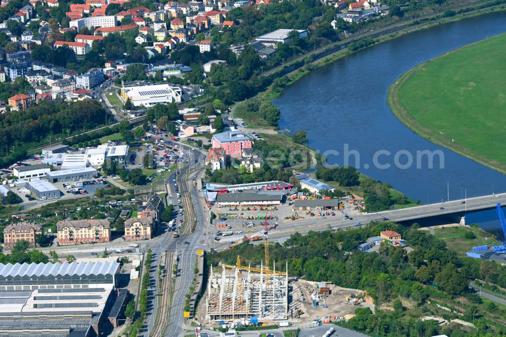 Aerial photograph Dresden - Construction site for the new building of the furniture store - furniture market Moemax-Moebelhaus on Fluegelweg in the district Friedrichstadt in Dresden in the state Saxony, Germany