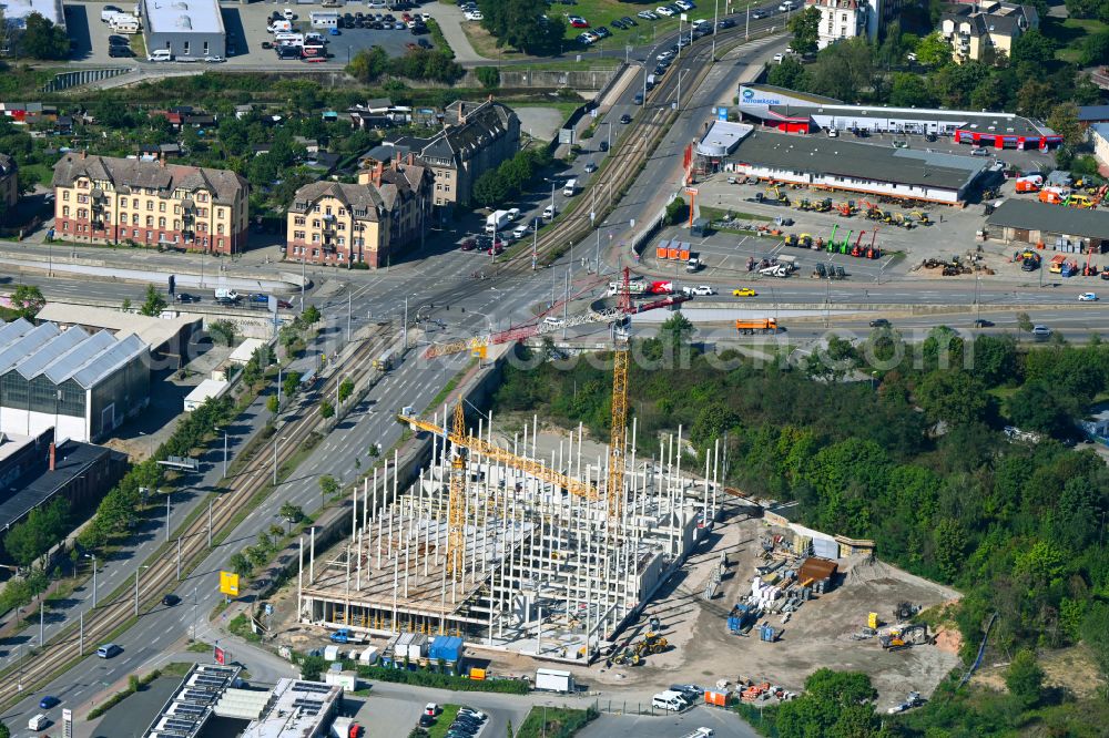 Dresden from above - Construction site for the new building of the furniture store - furniture market Moemax-Moebelhaus on Fluegelweg in the district Friedrichstadt in Dresden in the state Saxony, Germany
