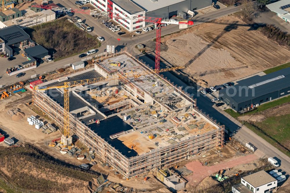 Aerial photograph Emmendingen - New building construction site in the industrial park of Firma Sutter Medizintechnik on street Nimburger Strasse - Alfred-Walz-Strasse in Emmendingen in the state Baden-Wuerttemberg, Germany