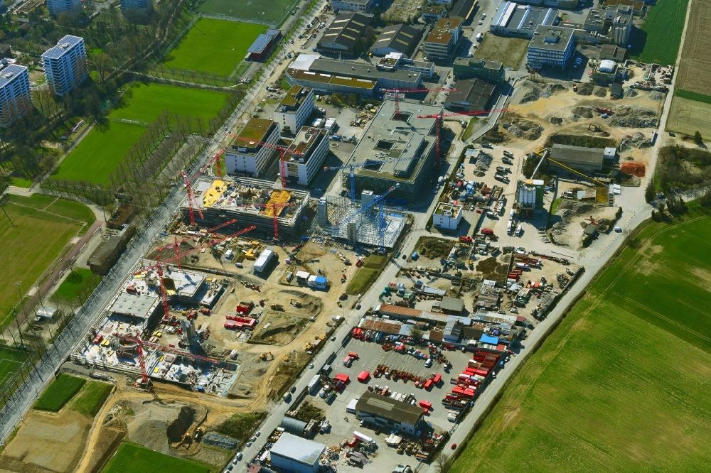 Aerial image Allschwil - New building construction site in the industrial park BaseLink Areal on areal Bachgrabengebiet in Allschwil in the canton Basel-Landschaft, Switzerland