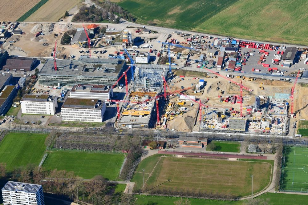 Aerial photograph Allschwil - New building construction site in the industrial park BaseLink Areal on areal Bachgrabengebiet in Allschwil in the canton Basel-Landschaft, Switzerland