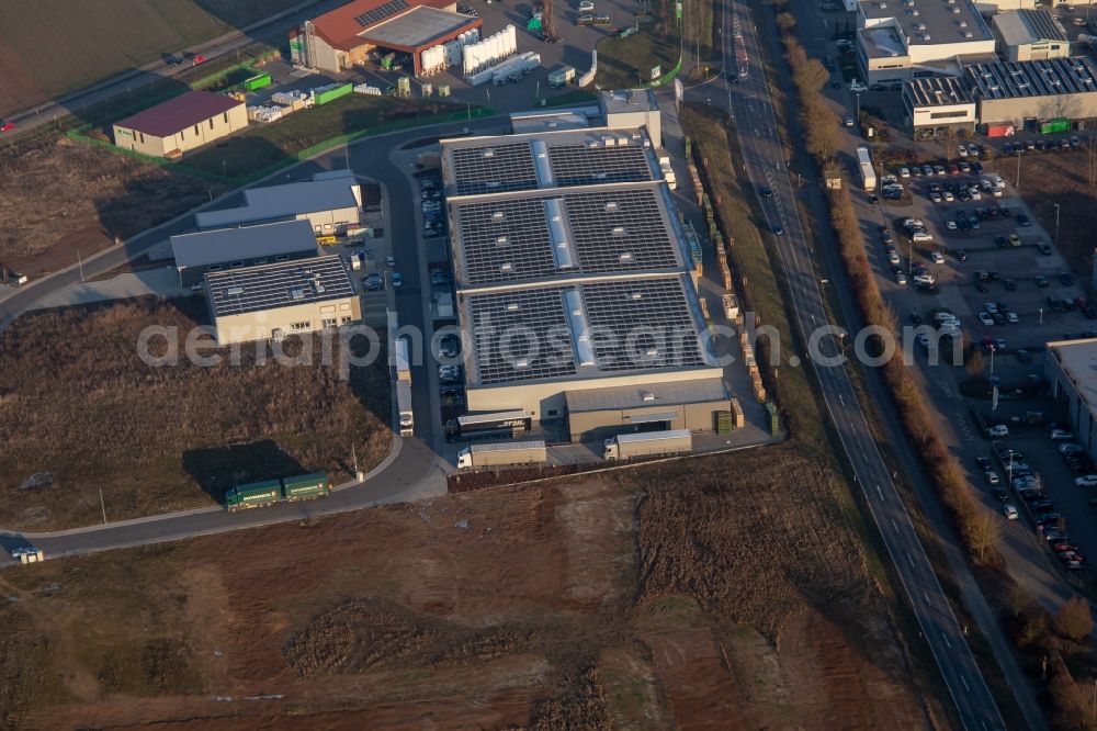 Aerial image Herxheim bei Landau (Pfalz) - New building construction site in the industrial park Gewerbepark West withEye & Lenses Ltd. & Co. KG in Herxheim bei Landau (Pfalz) in the state Rhineland-Palatinate, Germany
