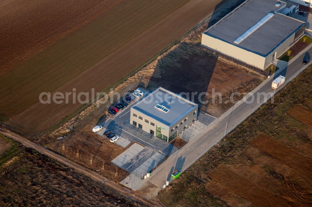 Aerial photograph Herxheim bei Landau (Pfalz) - New building construction site in the industrial park Gewerbepark West with M-Systems IT Solutions in Herxheim bei Landau (Pfalz) in the state Rhineland-Palatinate, Germany