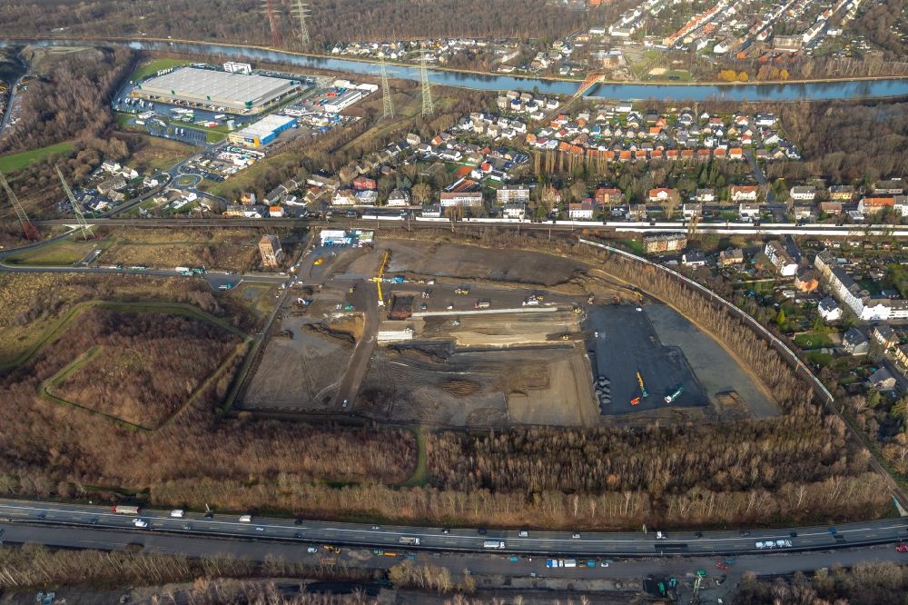 Herne from the bird's eye view: New building construction site in the industrial park. Company Nordfrost builds a new frozen products warehouse nearby Malakowturm on Unser-Fritz-Strasse in Herne in the state North Rhine-Westphalia, Germany