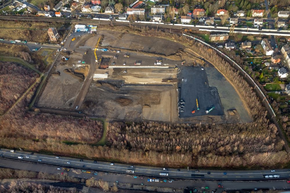 Aerial image Herne - New building construction site in the industrial park. Company Nordfrost builds a new frozen products warehouse nearby Malakowturm on Unser-Fritz-Strasse in Herne in the state North Rhine-Westphalia, Germany
