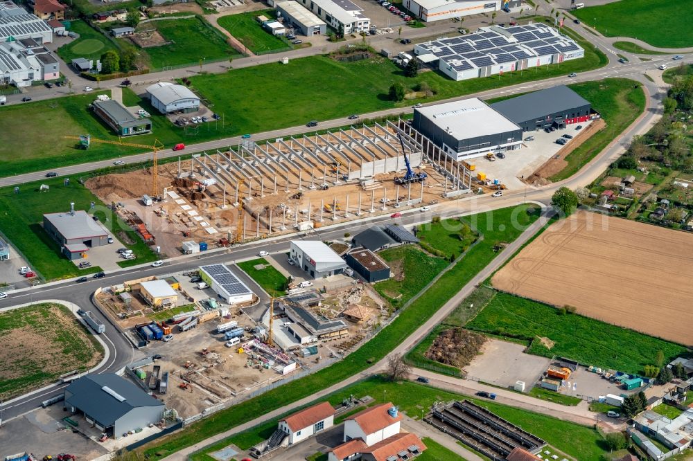 Kenzingen from above - New building construction site in the industrial park in Kenzingen in the state Baden-Wurttemberg, Germany