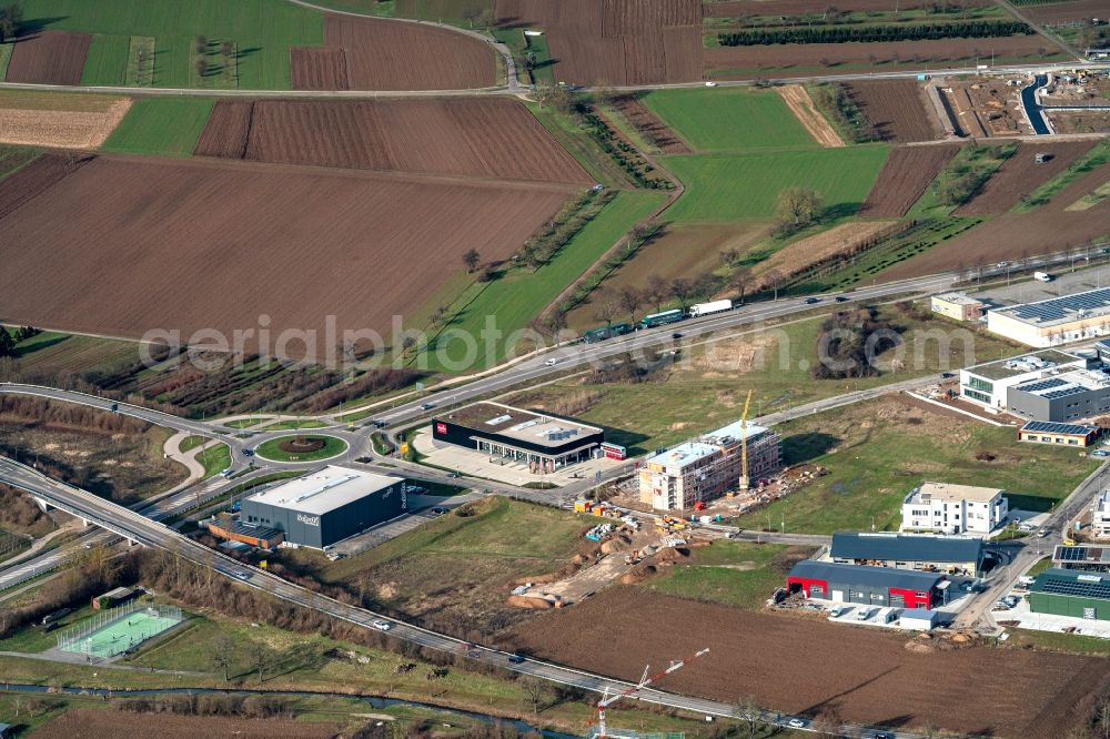 Aerial photograph Ettenheim - New building construction site in the industrial park Radackern along the Bundesstrasse 3 in Ettenheim in the state Baden-Wurttemberg, Germany